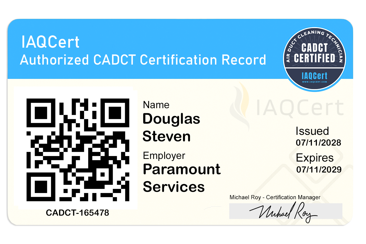 IAQ certification ID card